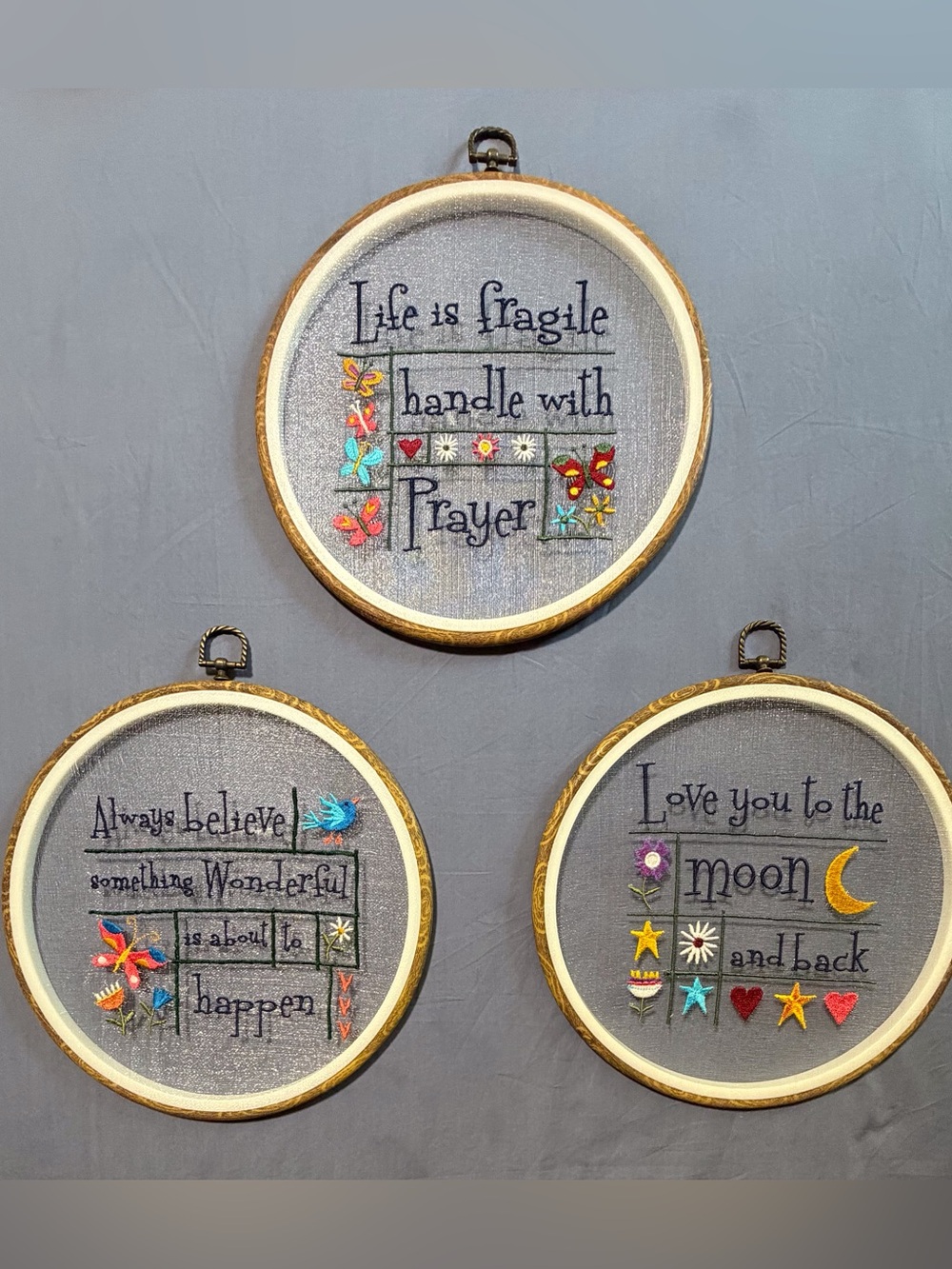 Set of 3 Embroidered Hoop Wall Art - Inspirational Sayings